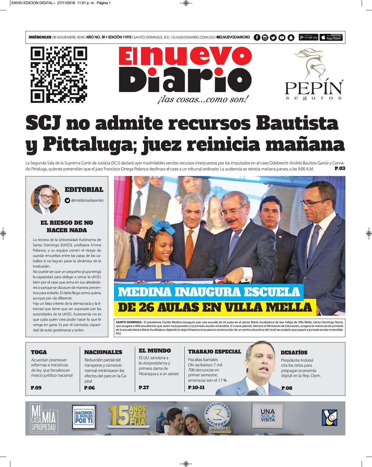 Portada Periódico El Nuevo Diario, Miércoles 28 de Noviembre 2018