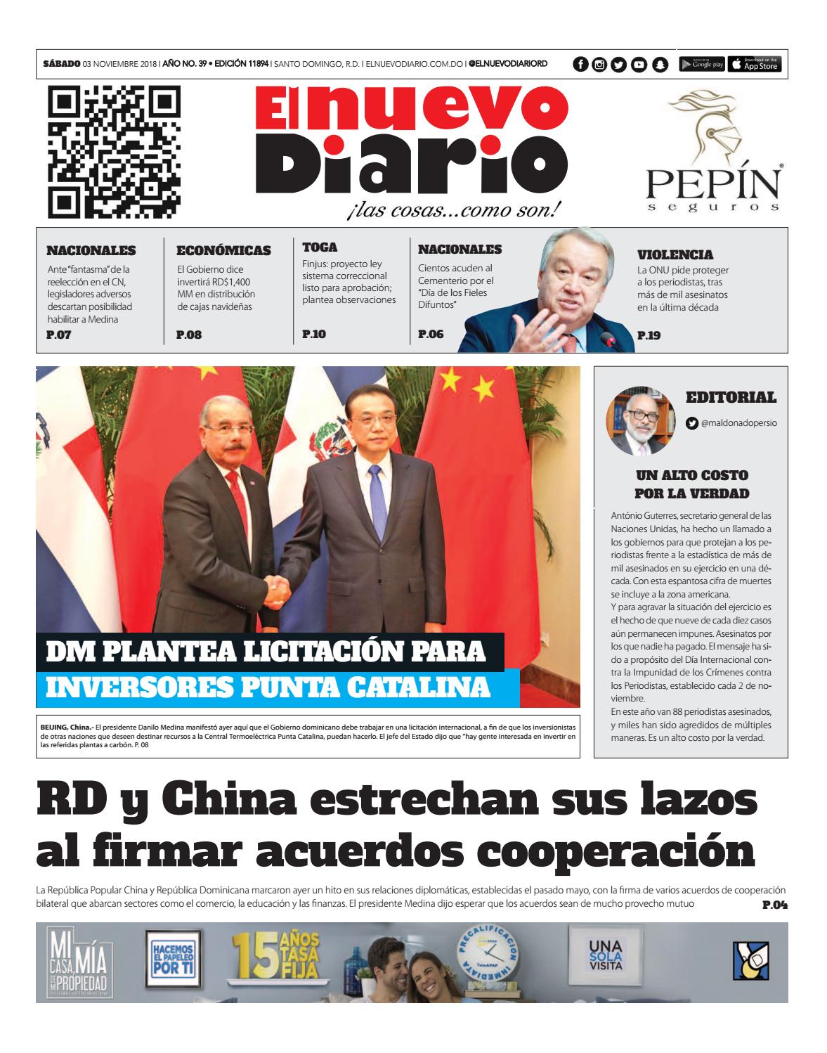 Portada Periódico El Nuevo Diario, Sábado 03 de Noviembre 2018