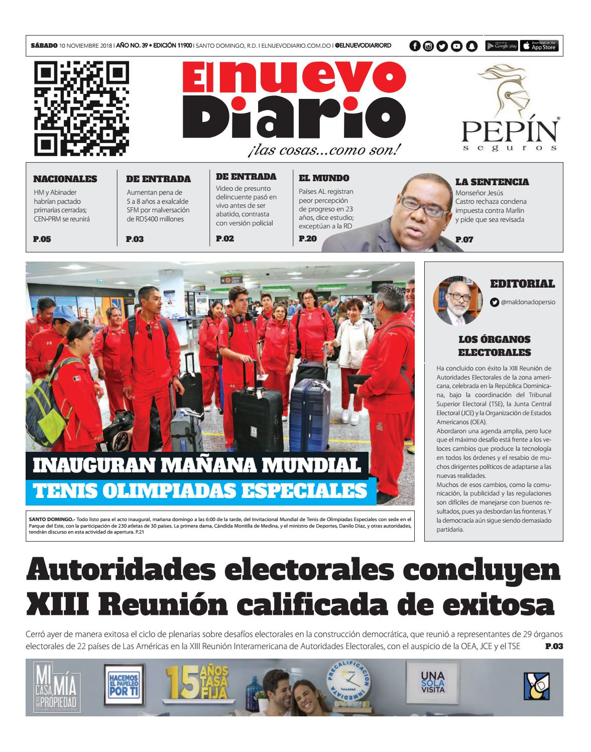 Portada Periódico El Nuevo Diario, Sábado 10 de Noviembre 2018