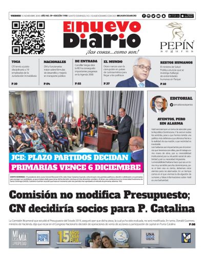 Portada Periódico El Nuevo Diario, Viernes 16 de Noviembre 2018