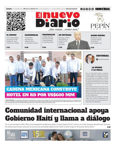Portada Periódico El Nuevo Diario, Viernes 23 de Noviembre 2018