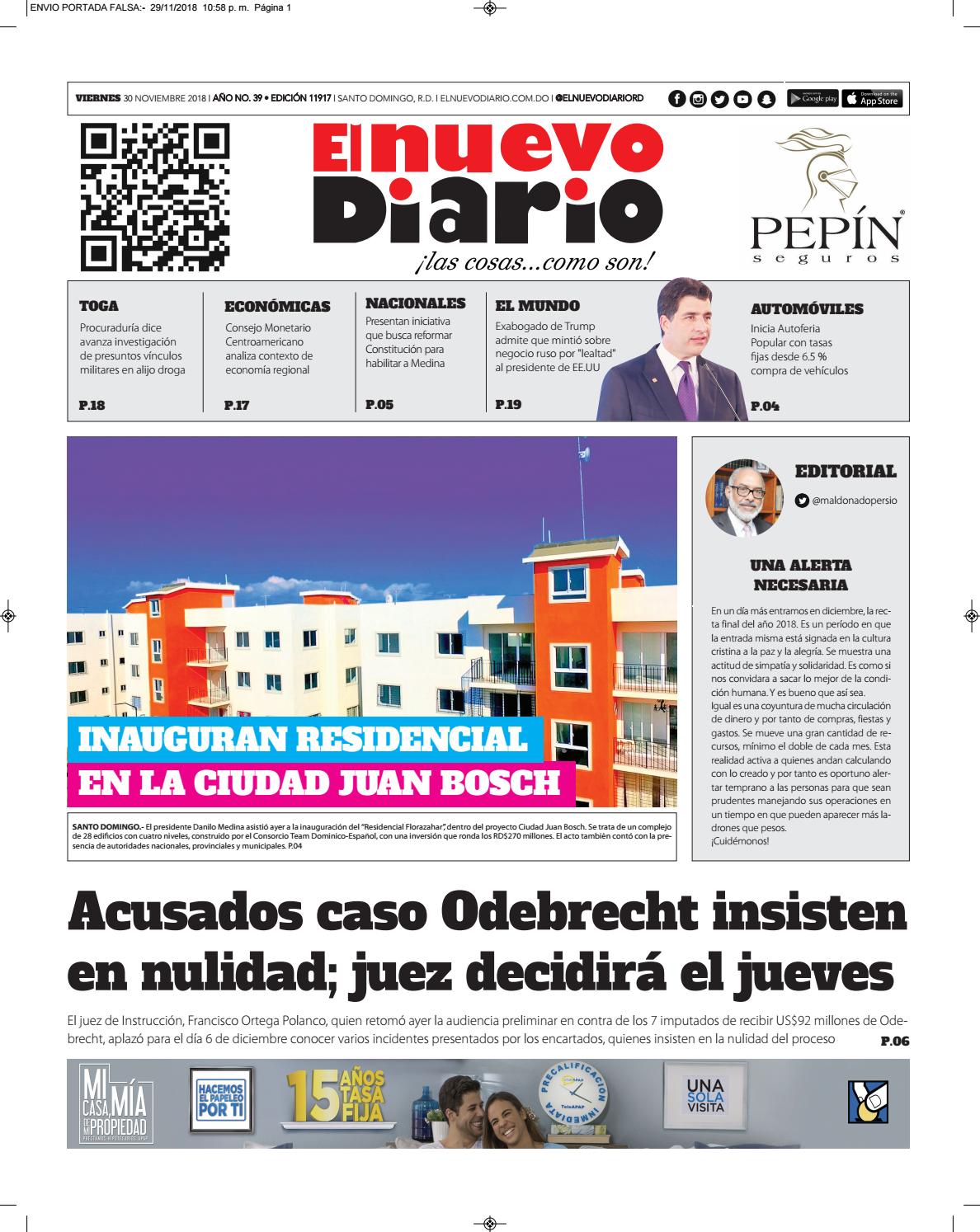 Portada Periódico El Nuevo Diario, Viernes 30 de Noviembre 2018