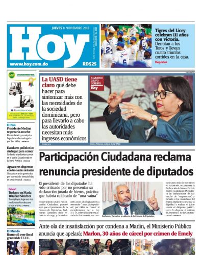 Portada Periódico Hoy, Jueves 08 de Noviembre 2018