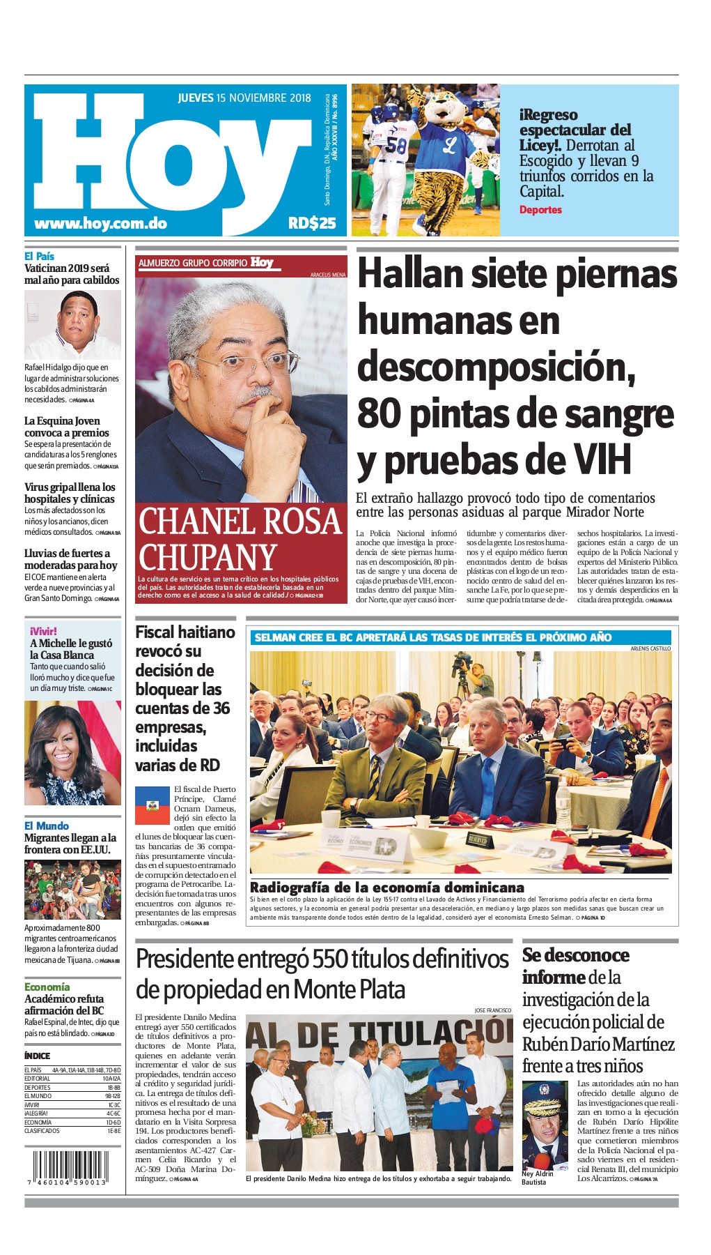 Portada Periódico Hoy, Jueves 15 de Noviembre 2018