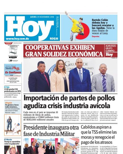 Portada Periódico Hoy, Jueves 29 de Noviembre 2018