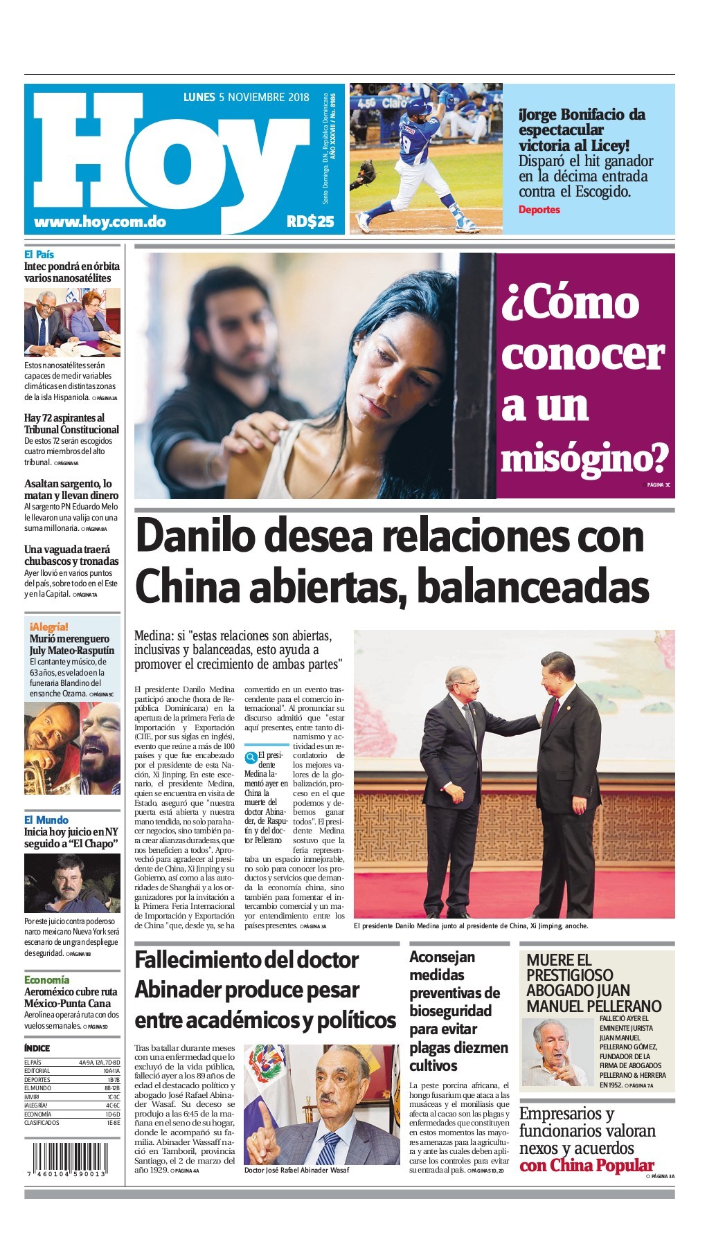 Portada Periódico Hoy, Lunes 05 de Noviembre 2018