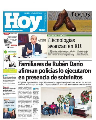 Portada Periódico Hoy, Lunes 12 de Noviembre 2018