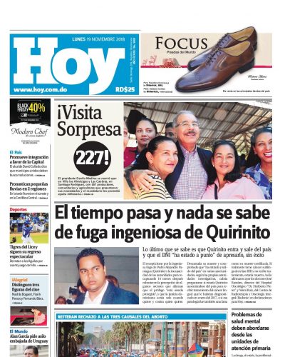 Portada Periódico Hoy, Lunes 19 de Noviembre 2018