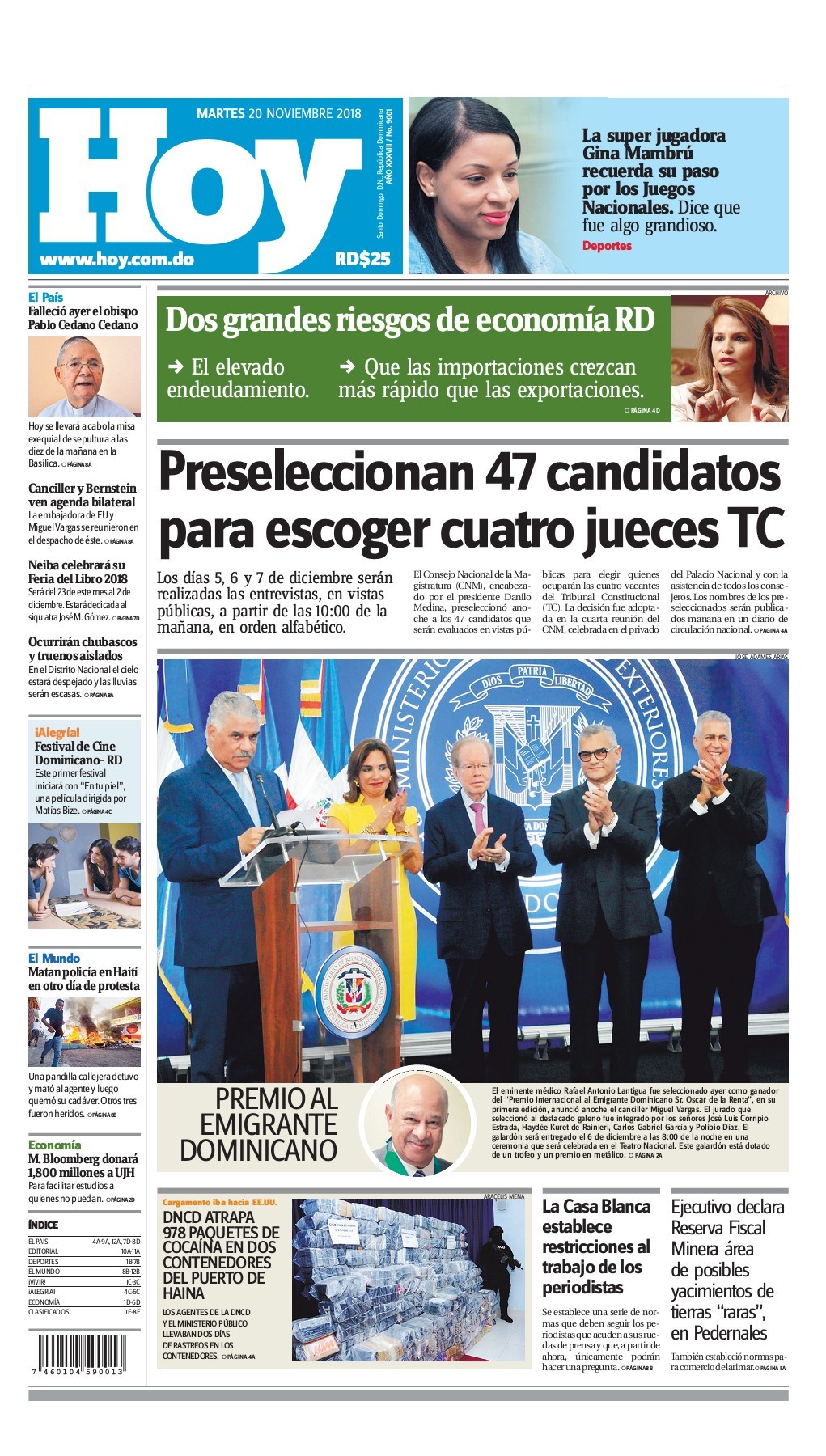 Portada Periódico Hoy, Martes 20 de Noviembre 2018