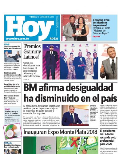 Portada Periódico Hoy, Viernes 16 de Noviembre 2018