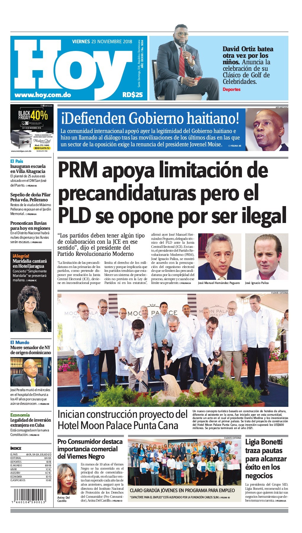 Portada Periódico Hoy, Viernes 23 de Noviembre 2018