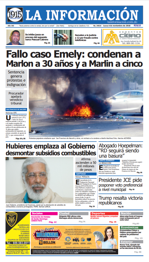 Portada Periódico La Información, Jueves 08 de Noviembre 2018