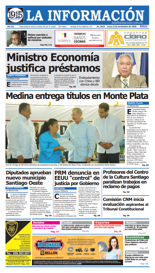 Portada Periódico La Información, Jueves 15 de Noviembre 2018