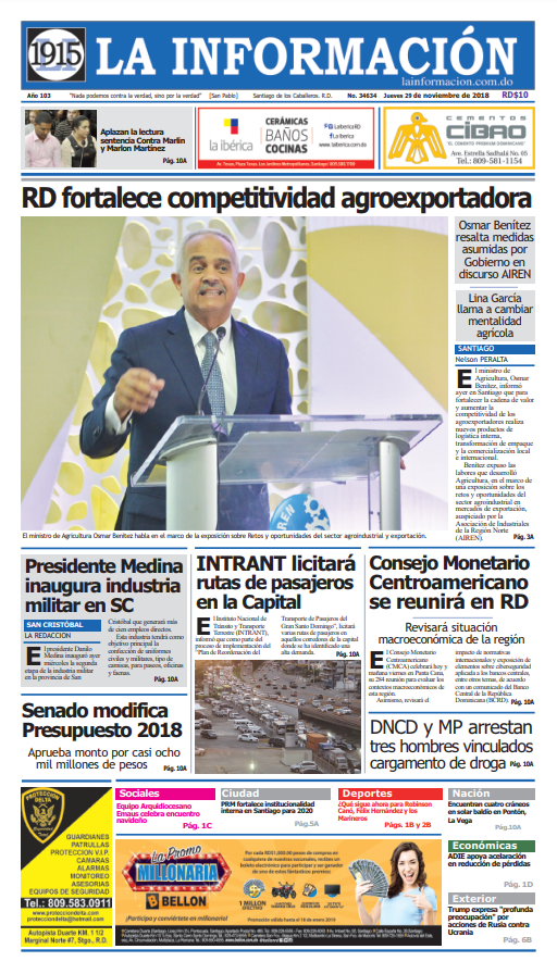 Portada Periódico La Información, Jueves 29 de Noviembre 2018