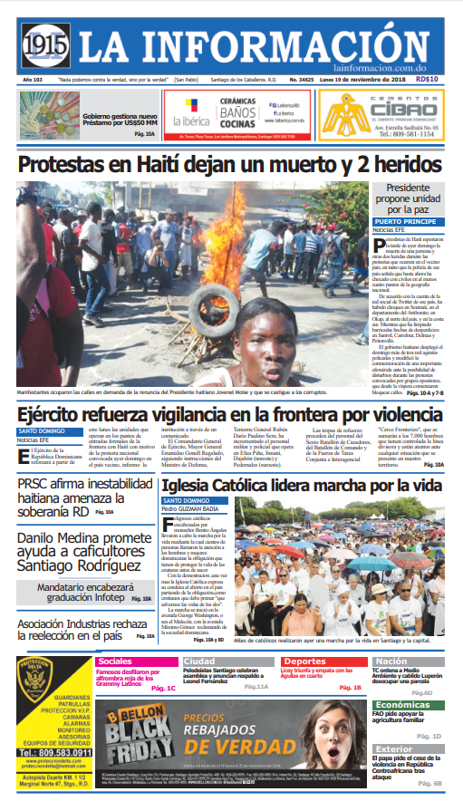 Portada Periódico La Información, Lunes 19 de Noviembre 2018