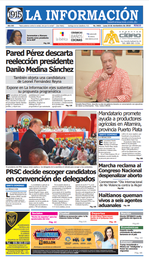 Portada Periódico La Información, Lunes 26 de Noviembre 2018