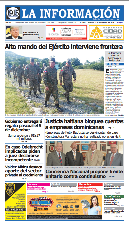 Portada Periódico La Información, Miércoles 14 de Noviembre 2018