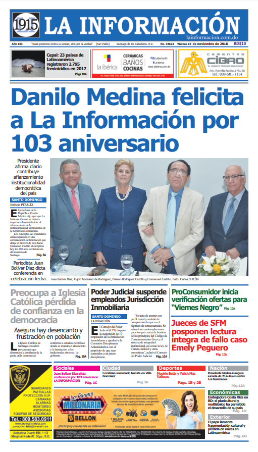 Portada Periódico La Información, Viernes 16 de Noviembre 2018