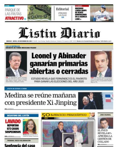 Portada Periódico Listín Diario, Jueves 01 de Noviembre 2018