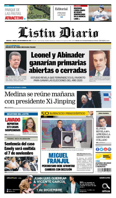 Portada Periódico Listín Diario, Jueves 01 de Noviembre 2018