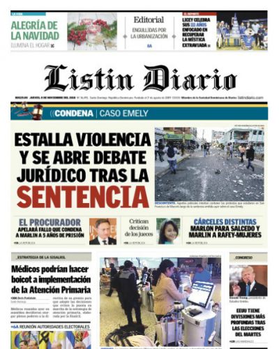 Portada Periódico Listín Diario, Jueves 08 de Noviembre 2018