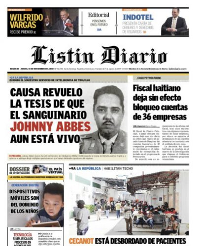 Portada Periódico Listín Diario, Jueves 15 de Noviembre 2018