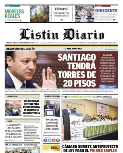 Portada Periódico Listín Diario, Jueves 29 de Noviembre 2018