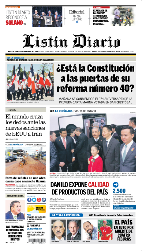 Portada Periódico Listín Diario, Lunes 05 de Noviembre 2018