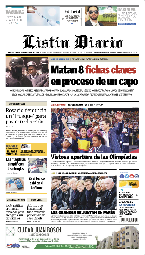 Portada Periódico Listín Diario, Lunes 12 de Noviembre 2018