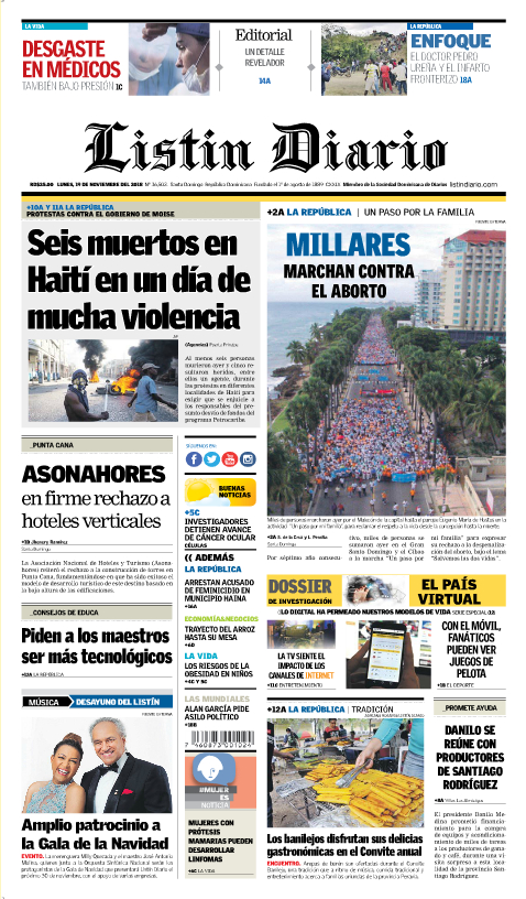Portada Periódico Listín Diario, Lunes 19 de Noviembre 2018
