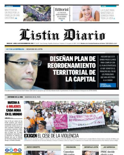 Portada Periódico Listín Diario, Lunes 26 de Noviembre 2018