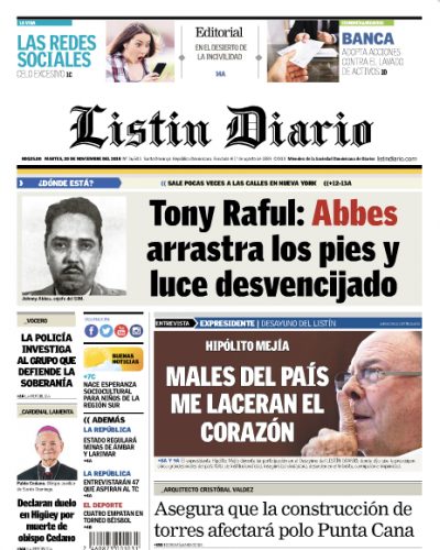 Portada Periódico Listín Diario, Martes 20 de Noviembre 2018