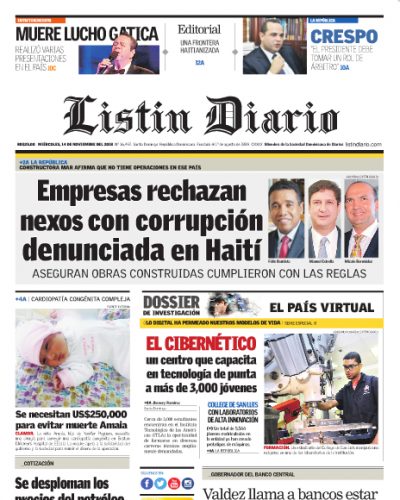 Portada Periódico Listín Diario, Miércoles 14 de Noviembre 2018