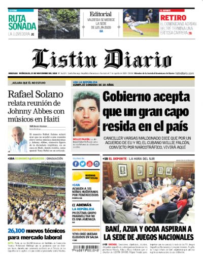 Portada Periódico Listín Diario, Miércoles 21 de Noviembre 2018
