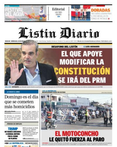Portada Periódico Listín Diario, Miércoles 28 de Noviembre 2018