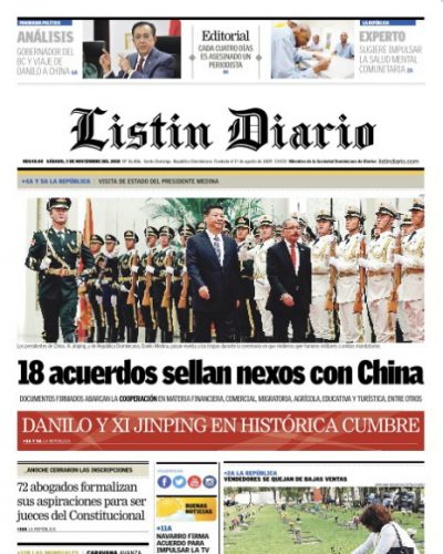 Portada Periódico Listín Diario, Sábado 03 de Noviembre 2018
