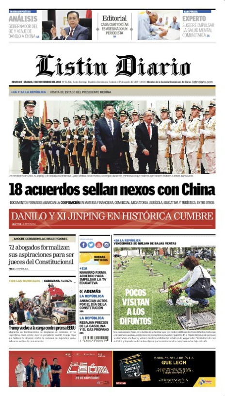 Portada Periódico Listín Diario, Sábado 03 de Noviembre 2018