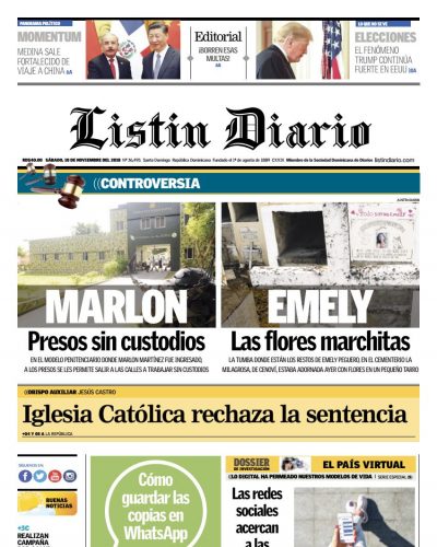 Portada Periódico Listín Diario, Sábado 10 de Noviembre 2018