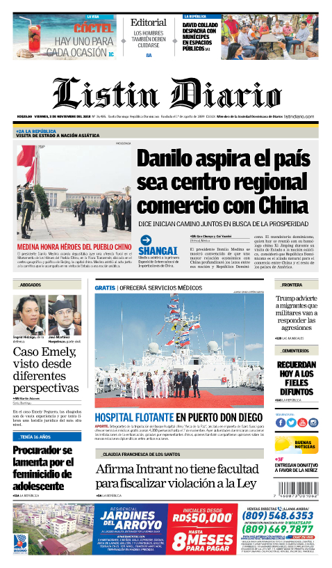 Portada Periódico Listín Diario, Viernes 02 de Noviembre 2018