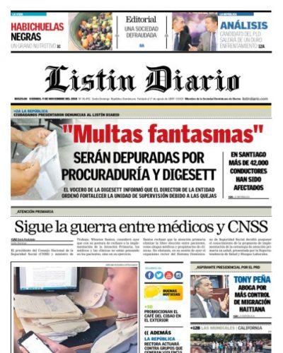 Portada Periódico Listín Diario, Viernes 09 de Noviembre 2018