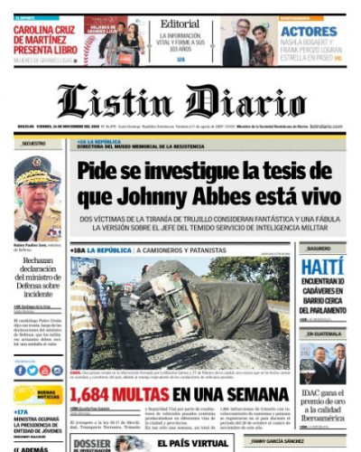 Portada Periódico Listín Diario, Viernes 16 de Noviembre 2018