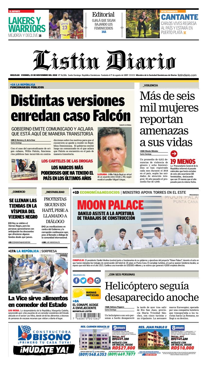 Portada Periódico Listín Diario, Viernes 23 de Noviembre 2018