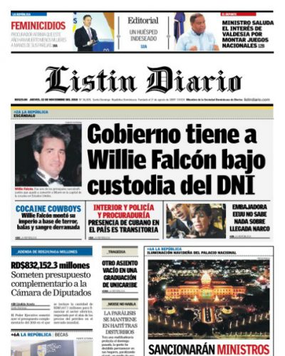 Portada Periódico Listín Diario, Viernes 23 de Noviembre 2018