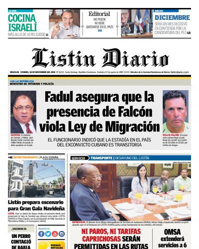 Portada Periódico Listín Diario, Viernes 30 de Noviembre 2018