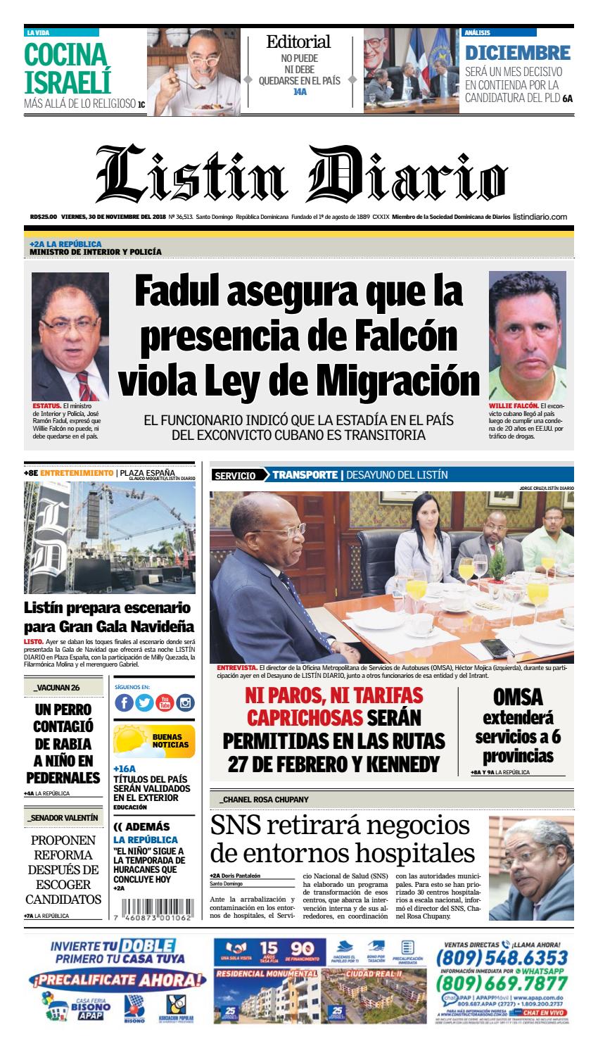 Portada Periódico Listín Diario, Viernes 30 de Noviembre 2018