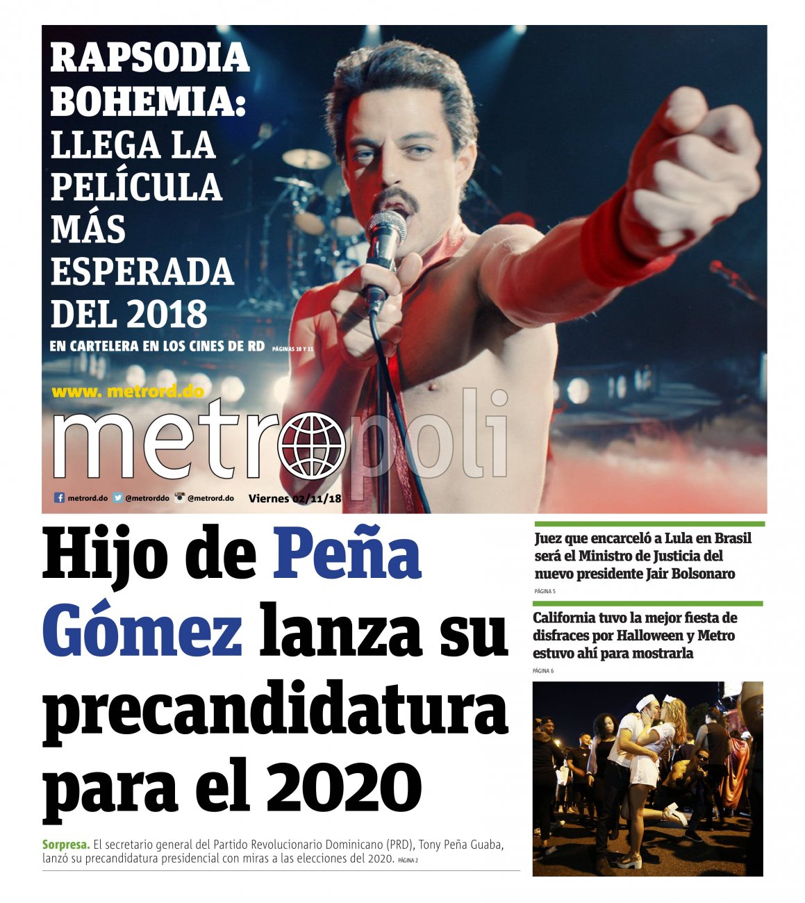 Portada Periódico Metro, Viernes 02 de Noviembre 2018