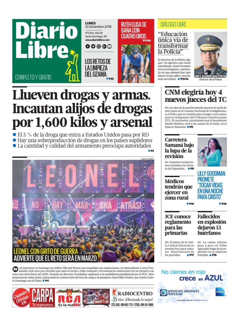 Portada Periódico Diario Libre, Lunes 10 de Diciembre 2018