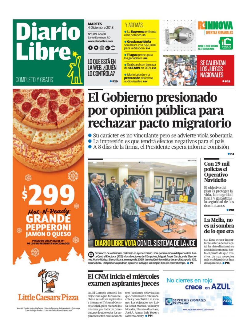 Portada Periódico Diario Libre, Martes 04 de Diciembre 2018