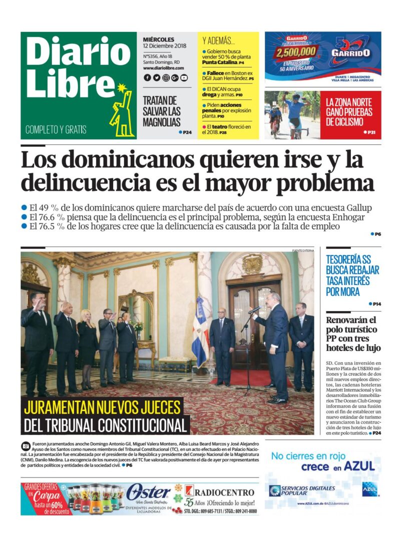 Portada Periódico Diario Libre, Miércoles 12 de Diciembre 2018