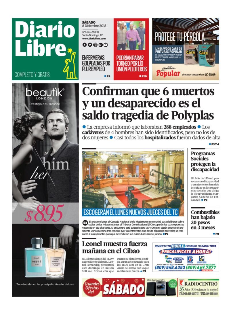 Portada Periódico Diario Libre, Sábado 08 de Diciembre 2018